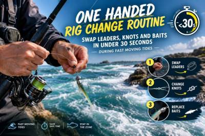 One-handed rig change routine: swap leaders, knots and baits in under 30 seconds during fast-moving tides